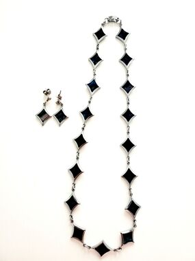 Black Enamel Link Necklace & Earrings Set - Silver